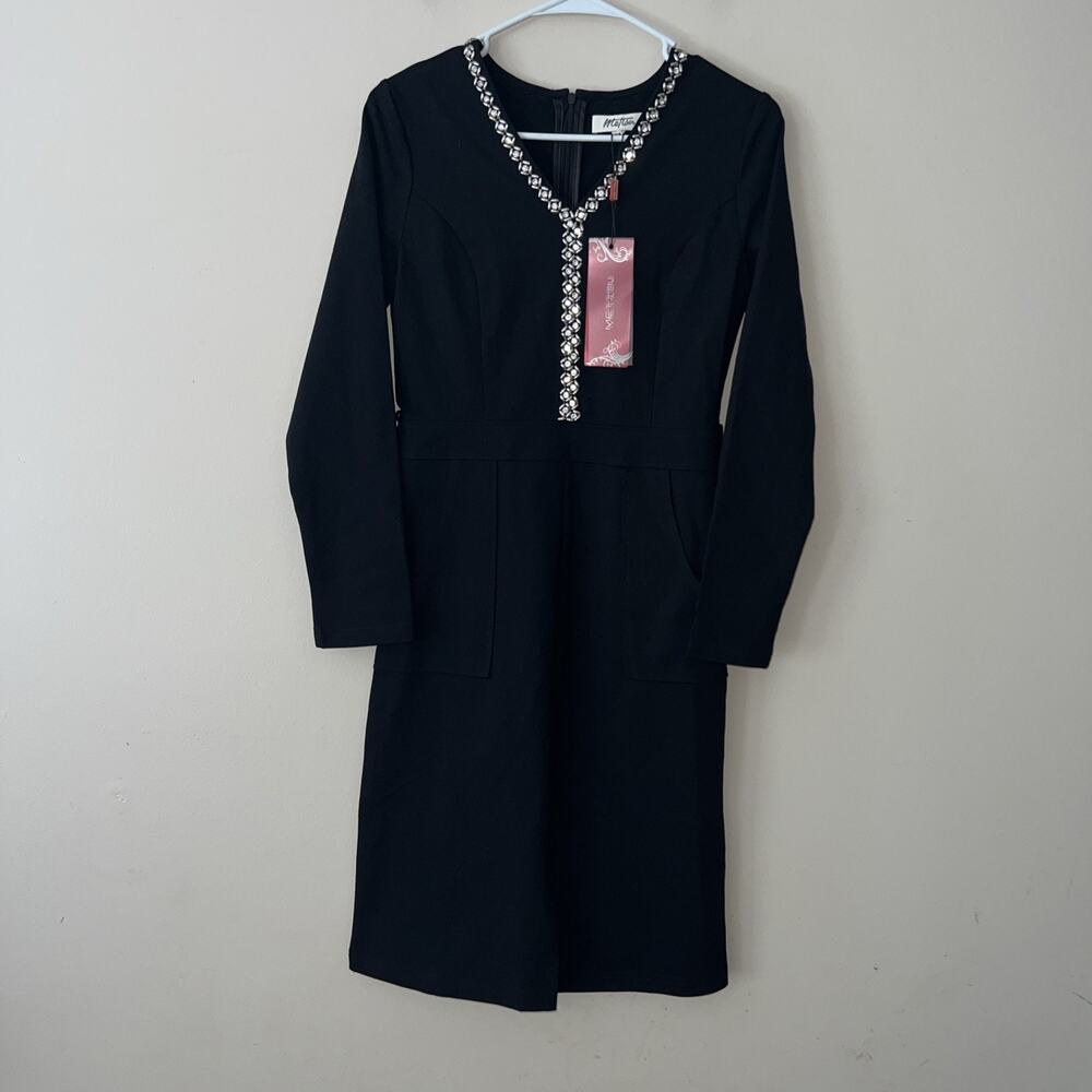 Metisu Womens Bodycon Dress Black Stretch Midi Long sleeve Small New With Tags